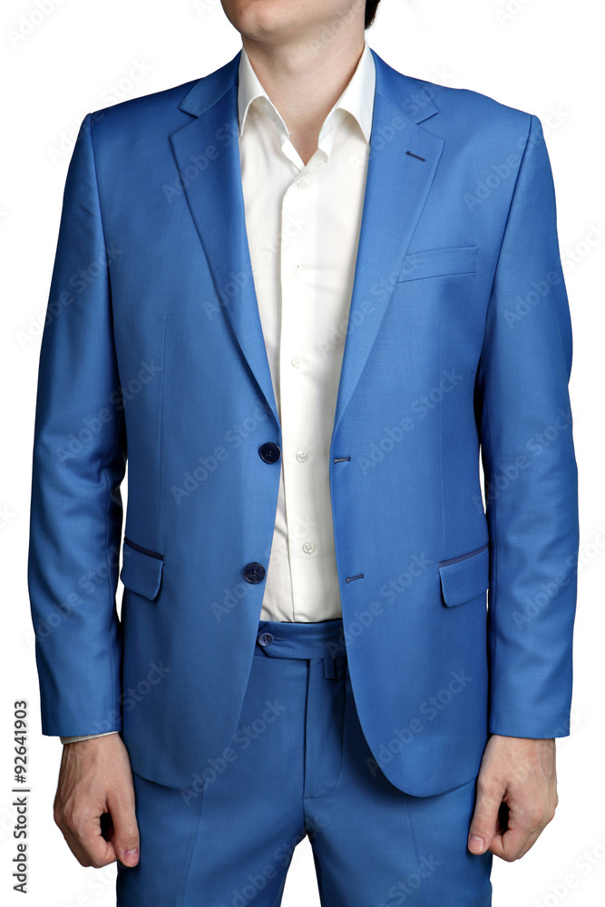 Male light blue wedding suit groom, unbuttoned jacket. Stock Photo Adobe Stock