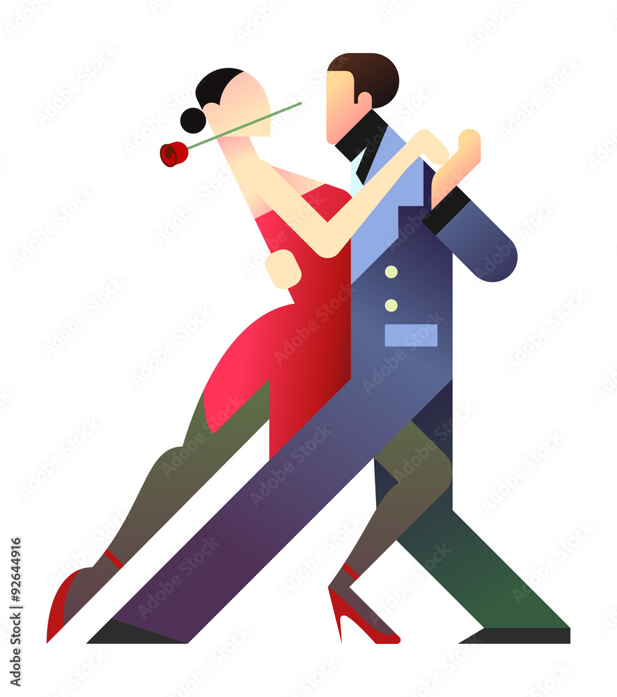 geometric style illustration of two tango dancers. The woman on the left with a rose on the mouth and a sensual red dress; the man on the left with a blue elegant dress. isolated figures.   - obrazy, fototapety, plakaty 