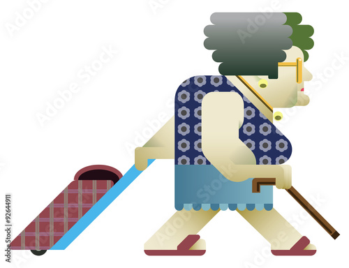 Flat style drawing of an old woman walking from left to right carrying her shopping bag. She holds a stick and she wears summer clothes.