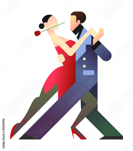 geometric style illustration of two tango dancers. The woman on the left with a rose on the mouth and a sensual red dress; the man on the left with a blue elegant dress. isolated figures.  