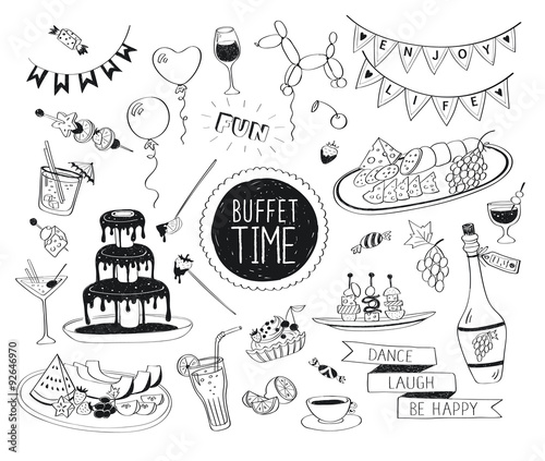 Buffet party doodle set. Hand drawn beverages icons isolated on white background. Doodle food and drinks. Chocolate fountain, fruit, bottle, tea, coffee, snacks.