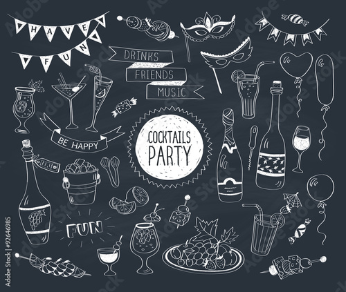 Cocktails party doodle set. Hand drawn beverages icons isolated on white background. Doodle food and drinks. Beverages, glass, bottles, fruits, snacks, masks.
