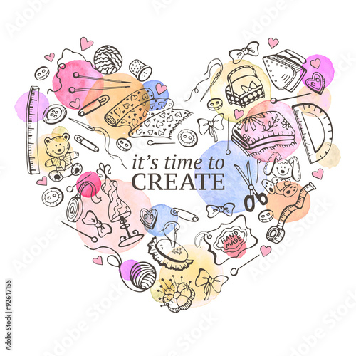 Heart from hand made tools. Doodle illustration. Craft items heart shape isolated on white background. Hobby time.