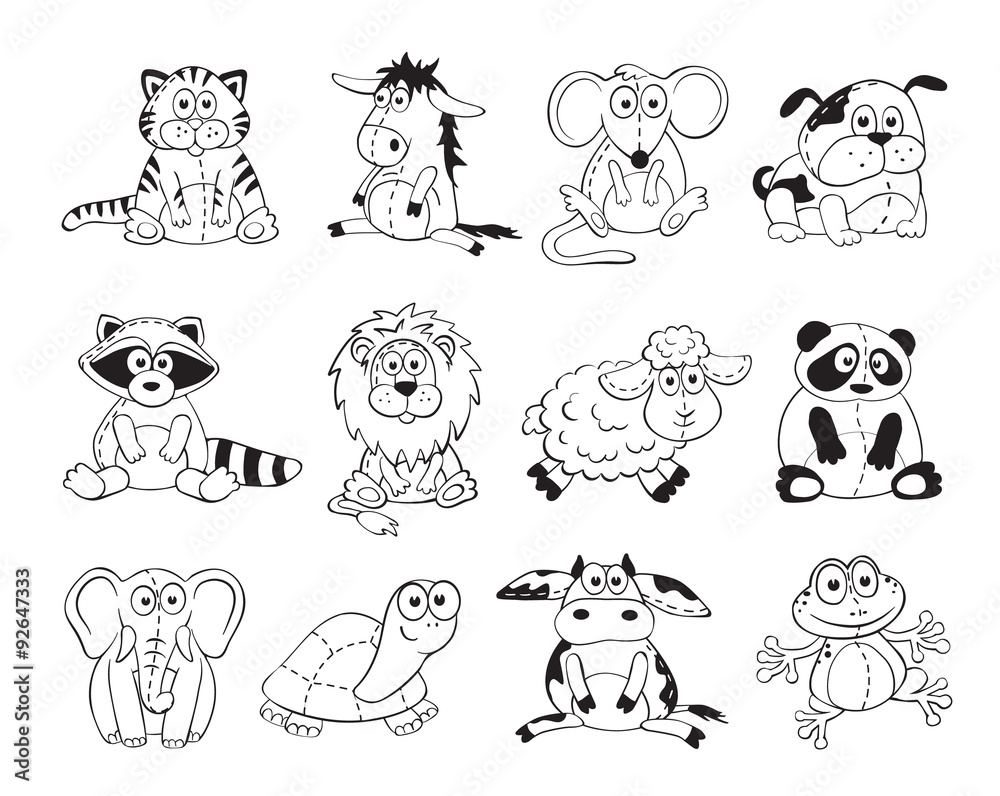 Cute cartoon animals isolated on white background. Stuffed toys set. Cartoon animals outline collection.