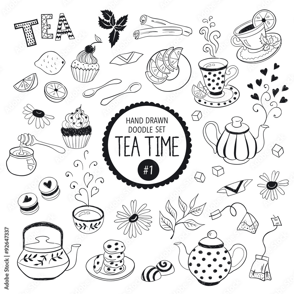 Doodle tea time elements collection. Vector set of tea icons. Teapots, cups, cupcakes and sweets.