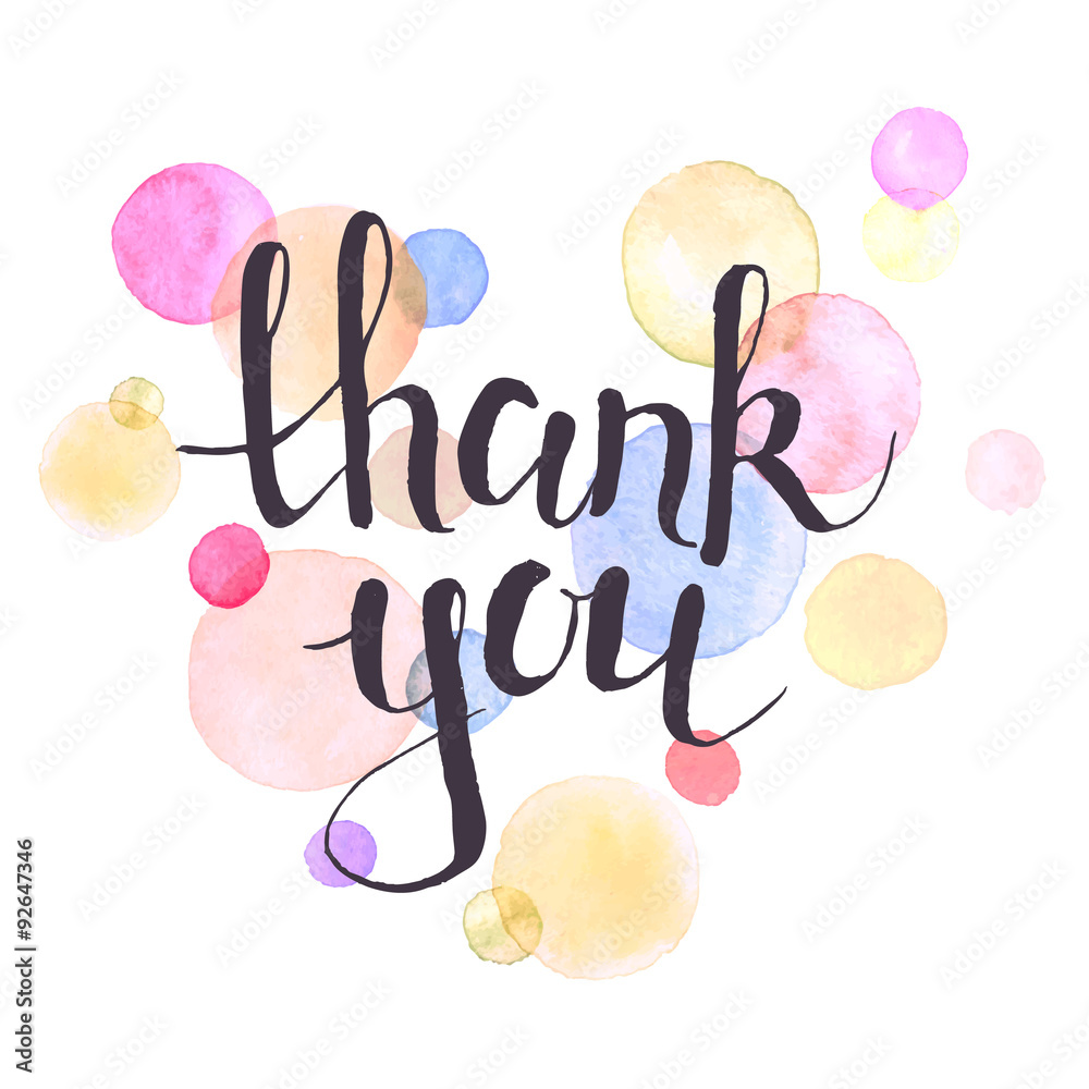 Thank you lettering with watercolor spots on background. Modern