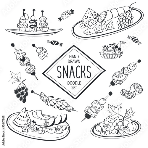 Buffet snacks doodle set. Hand drawn food icons isolated on white background. Doodle food and drinks collection. Cheese, fruits, canapes, tartalets. photo