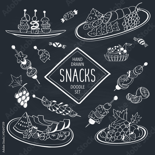 Buffet snacks doodle set. Hand drawn food icons on chalkboard. Doodle food and drinks collection. Cheese, fruits, canapes, tartalets.