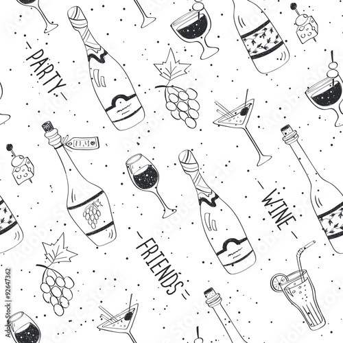 Drinks doodle pattern. Hand drawn beverages seamless background. Doodle sncks and drinks black on white. Beverages, glass, bottles, grapes, snacks. Wine, friend, party. photo