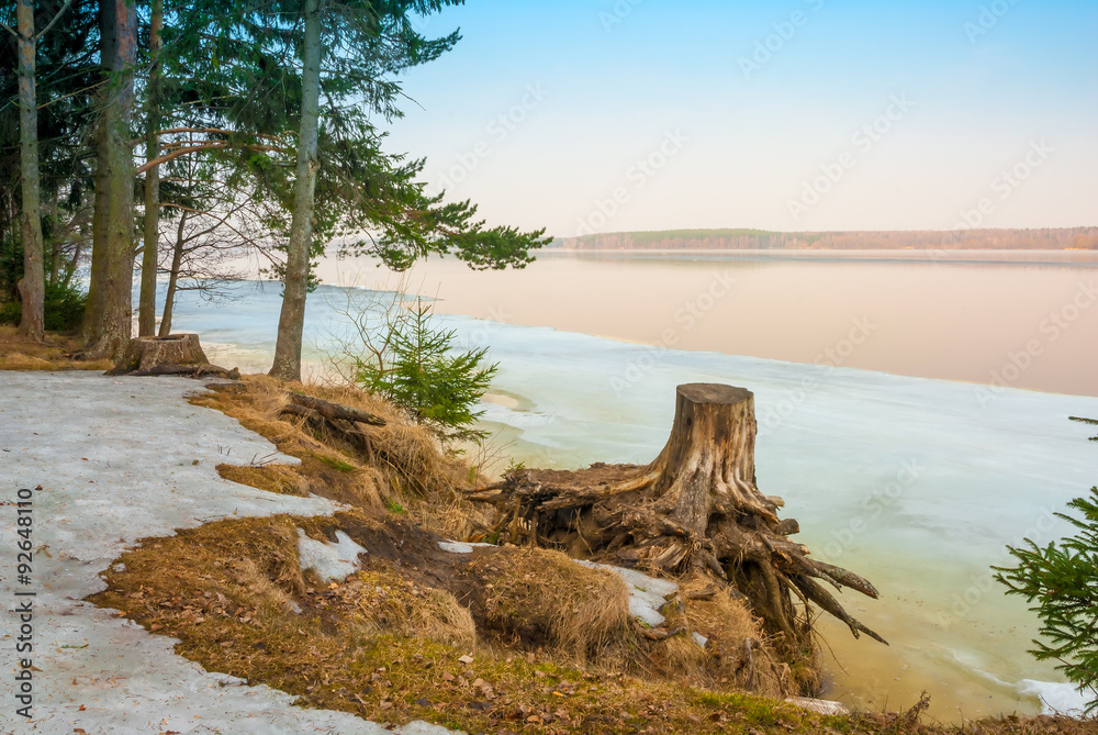 Melting snow on the riverbank in the picturesque place Melting snow on the riverbank in the picturesque place