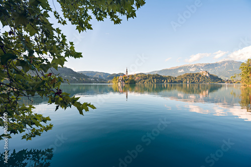 Island on lake Bled, autumn time. Panoramic view of Lake Bled located in Slovenia Europe.