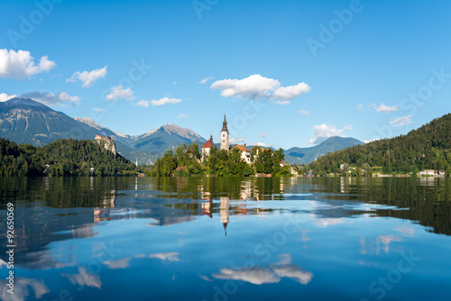 Fototapeta Naklejka Na Ścianę i Meble -  Island on lake Bled, autumn time.
Panoramic view of Lake Bled located in Slovenia Europe.