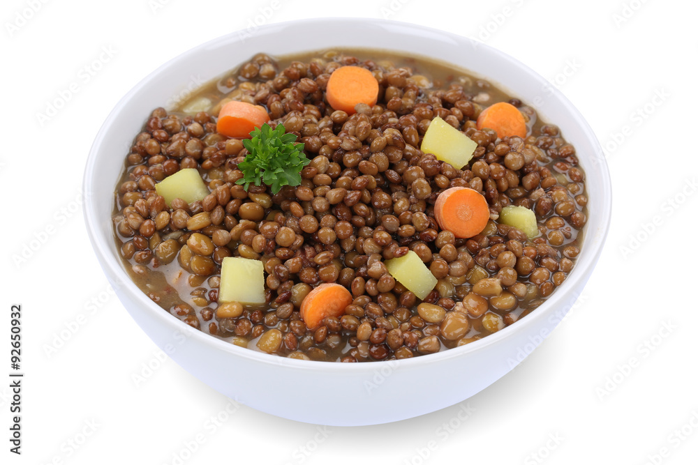 Linsensuppe Linsen Suppe in Suppenschüssel Freisteller Linsensuppe Linsen Suppe in Suppenschüssel Freisteller
