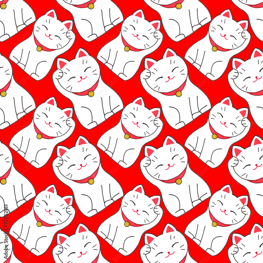 Maneki-neko. Seamless pattern with japanese lucky welcoming cat