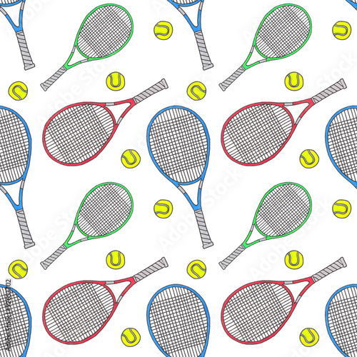 Tennis racquets and balls. Seamless watercolor pattern with