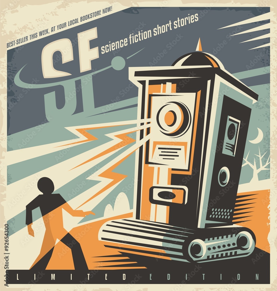 Retro bookstore poster design idea for science fiction novels