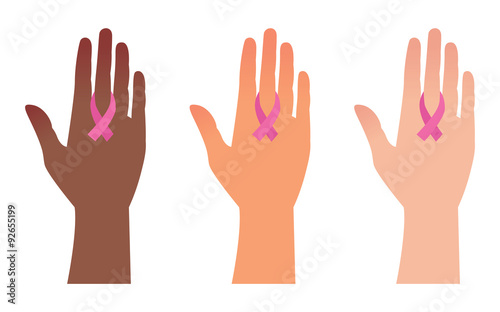 National Breast Cancer Awareness Month, hands with pink ribbons/Vector of a hand with a pink ribbon symbol of awareness about cancer