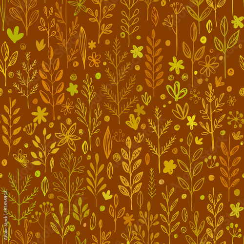 Seamless pattern, doodling fall grass design. Vector