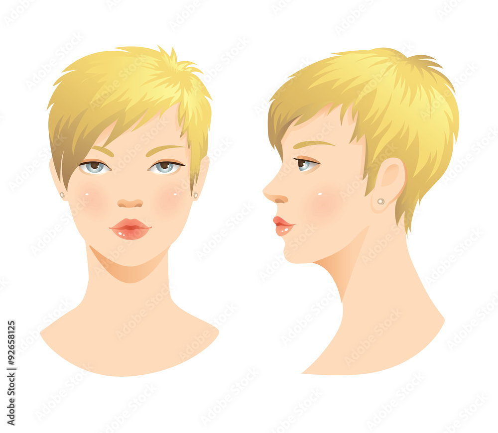 Beauty girl face. Various turns head with short blond haircut. Face in front. Face in profile Beauty girl face. Various turns head with short blond haircut. Face in front. Face in profile