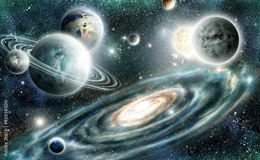 Solar system and spiral galaxy - obrazy, fototapety, plakaty 