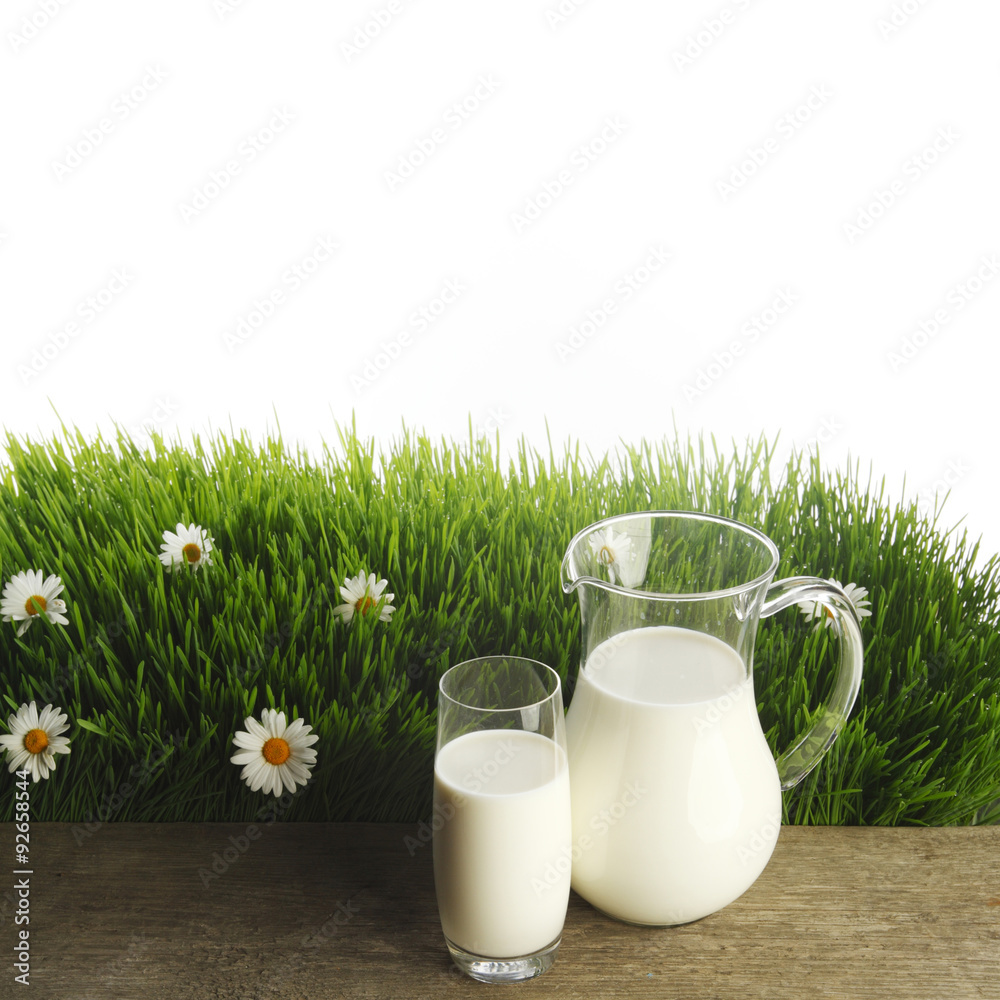 Milk jug and glass on flower field Milk jug and glass on flower field