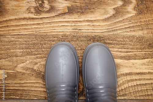 Plastic waterproof boots on a wooden floor