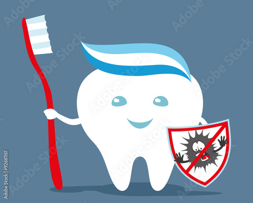 Healthy tooth with a toothbrush and a shield against tooth decay.