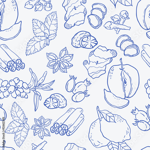 Seamless vector pattern with spices, berries and fruits for autumn beverages. Vector hand drawn illustration.