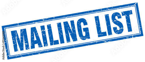mailing list blue square grunge stamp on white