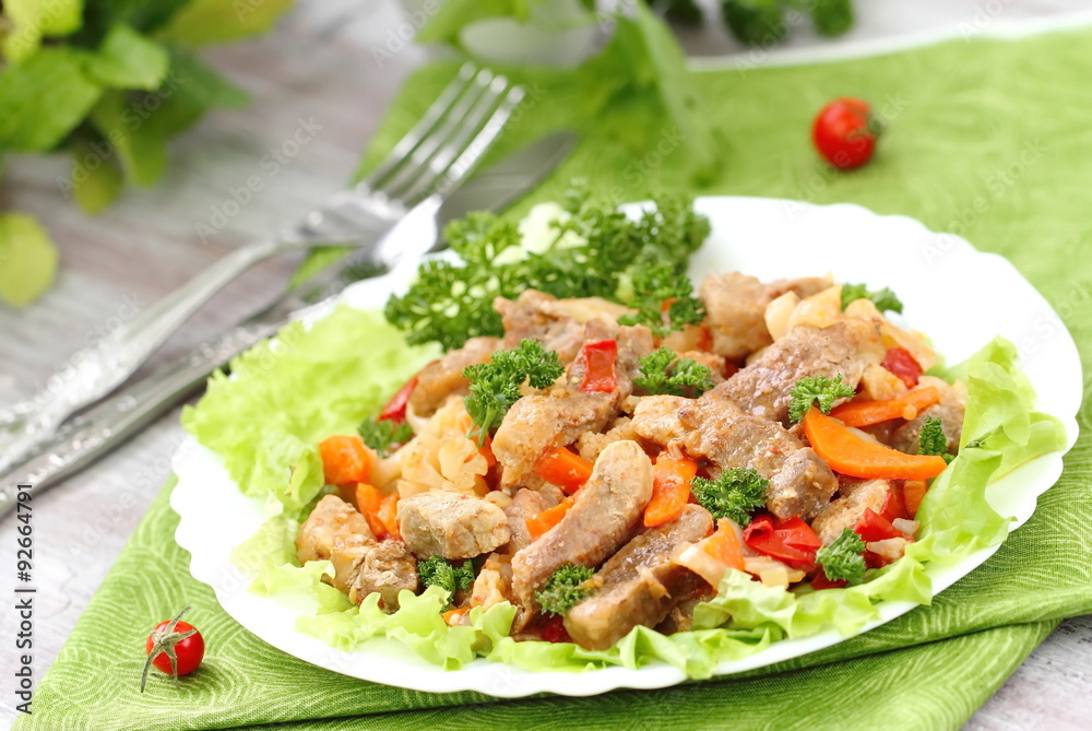 Warm salad with meat and fried vegetables