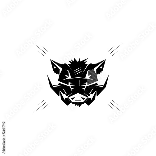 Black and white monochrome emblem, symbol, logotype, sign, badge, sticker, poster of a brutal wild boar, pig, hog, swine. Identity, T-shirt, textile, cloth, apparel, tattoo, print usage