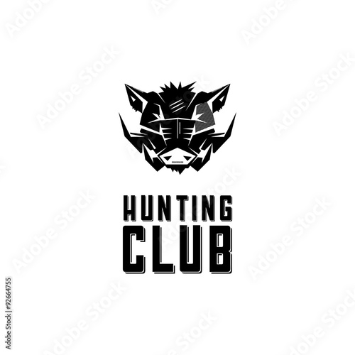 Black and white monochrome emblem, symbol, logotype, sign, badge, sticker, poster of a brutal wild boar, pig, hog, swine. Identity