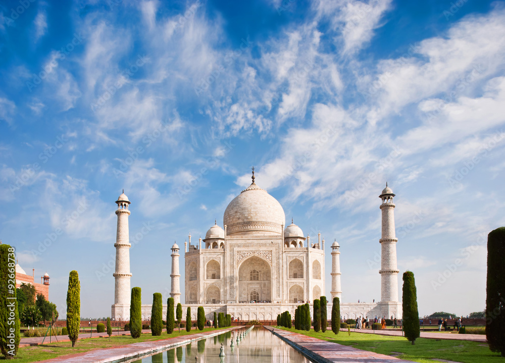 Taj Mahal on a sunny day with beautiful sky. India