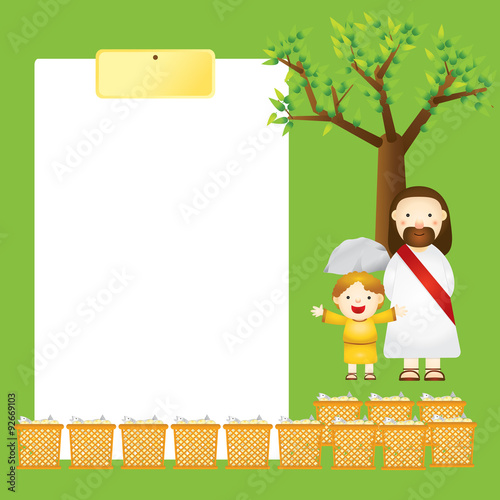 A template with a green background. There are 12 baskets of leftovers next to a child and Jesus.