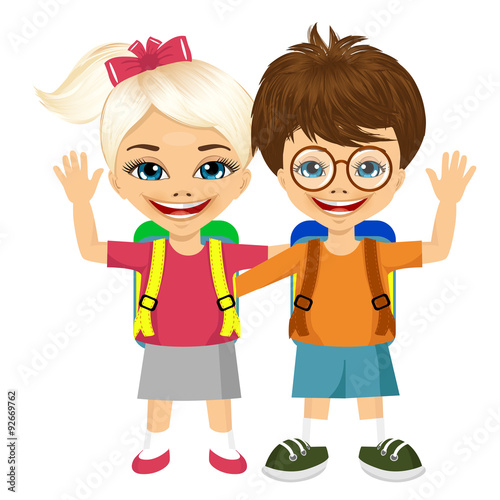 two fashion small children with backpacks