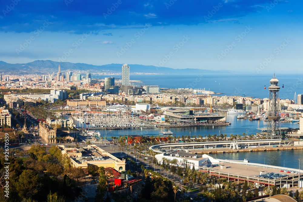 Panoramic view of Barcelona with Port - obrazy, fototapety, plakaty 