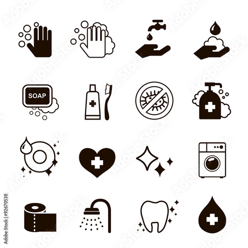Hygiene and cleaning icons set.  Hand wash, soap, toilet paper