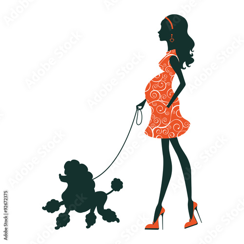 Illustration of a Beautiful woman silhouette  with poodle