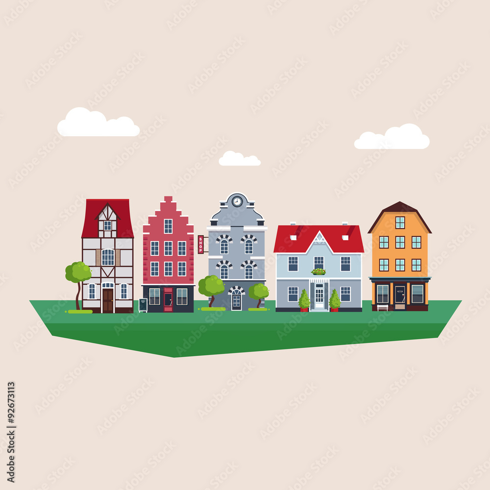 Old Traditional Eurpoean Vintage Houses Vector Illustration