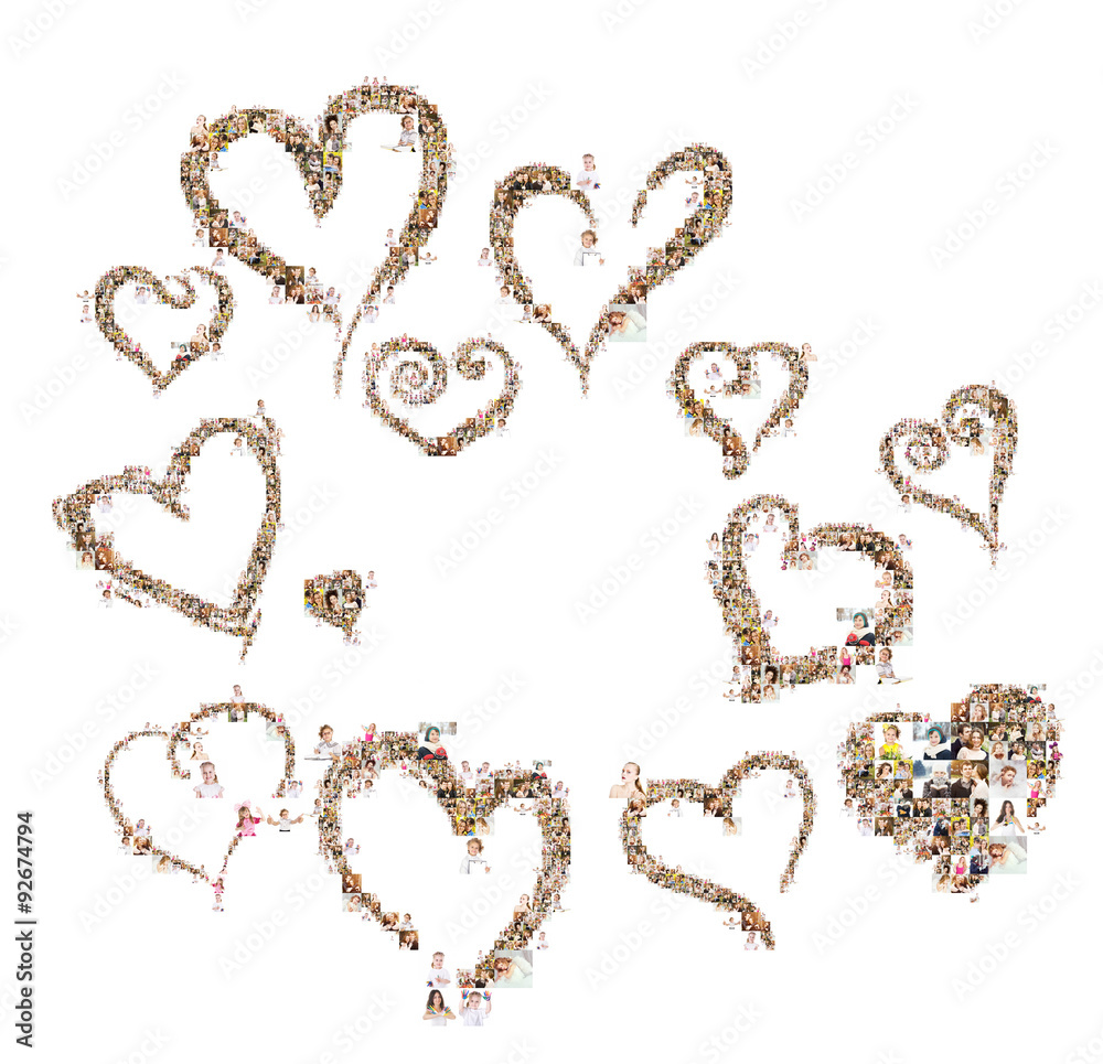 A large number of photographs of people, forms an image of the many hearts. Collage isolated on white background. Design idea edges are not smooth with protruding photos A large number of photographs of people, forms an image of the many hearts. Collage isolated on white background. Design idea edges are not smooth with protruding photos