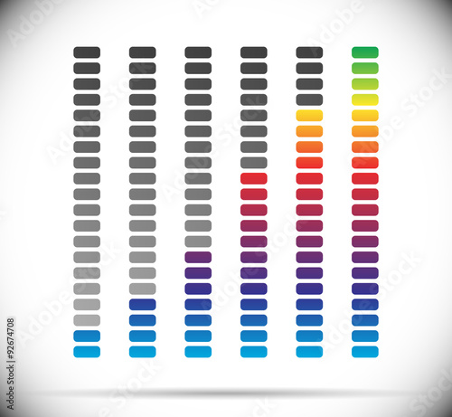 Color coded progress, level indicator with units.