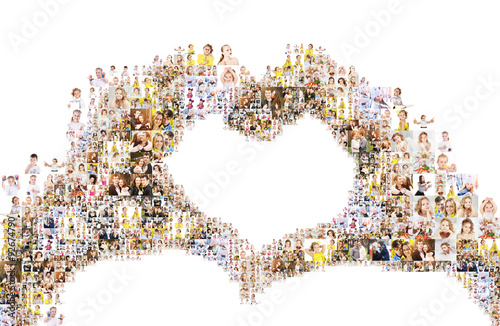 a large number of photographs of people, forms an image of the heart. Collage isolated on white background. Design idea edges are not smooth with protruding photos photo