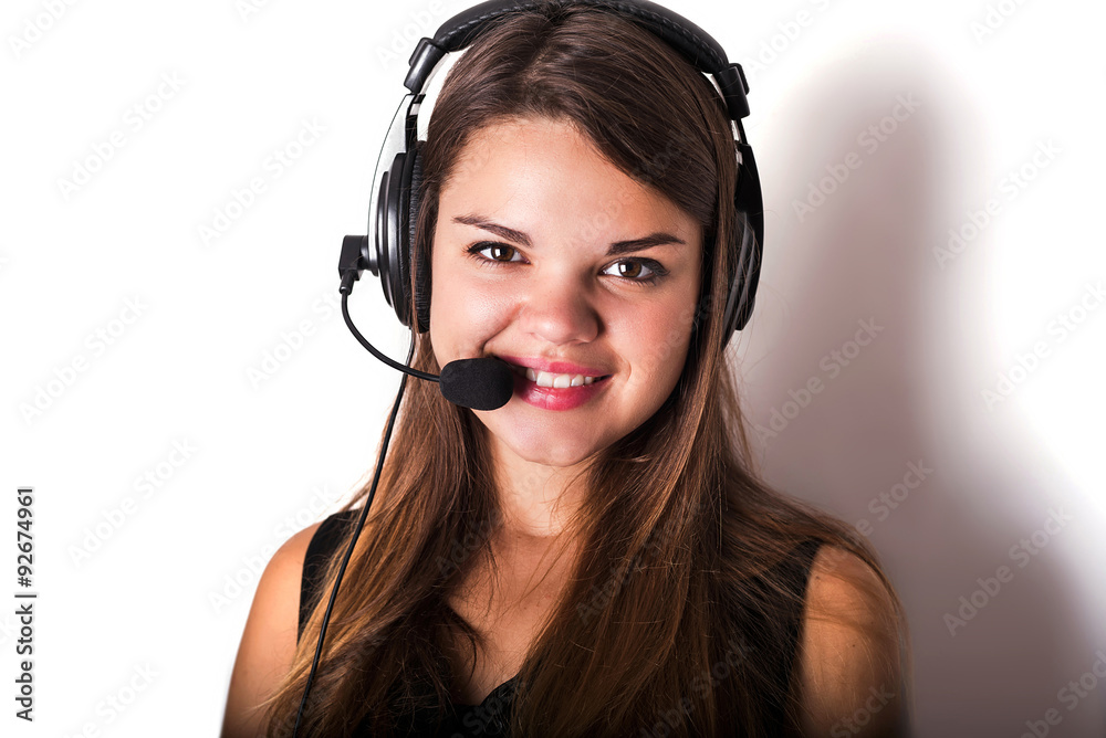 Portrait of happy cheerful beautiful young support phone operato Portrait of happy cheerful beautiful young support phone operato