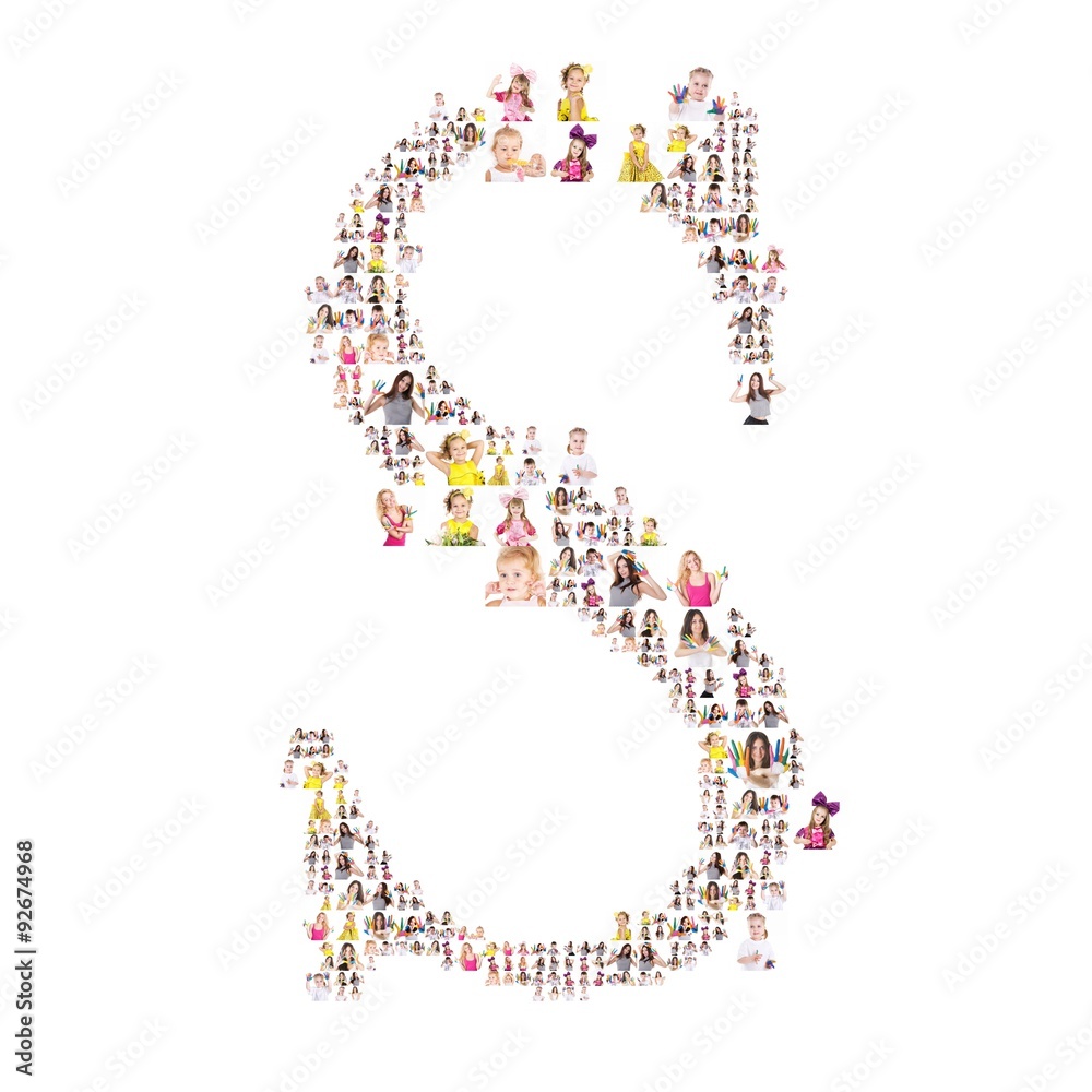 Portraits of people formed capital letter of the alphabet. letter S. Isolated on the white background Portraits of people formed capital letter of the alphabet. letter S. Isolated on the white background