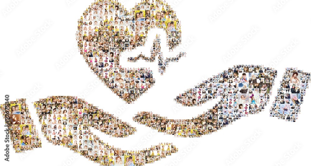 Obraz premium a large number of photographs of people, forms an image of the blood donation. Collage isolated on white background.