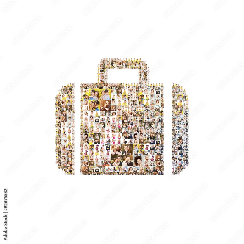 Obraz premium Icon of suitcase. Formed out of peoples portrait photography.