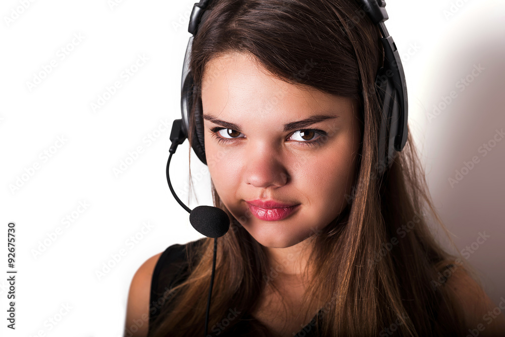 Portrait of happy cheerful beautiful young support phone operato Portrait of happy cheerful beautiful young support phone operato