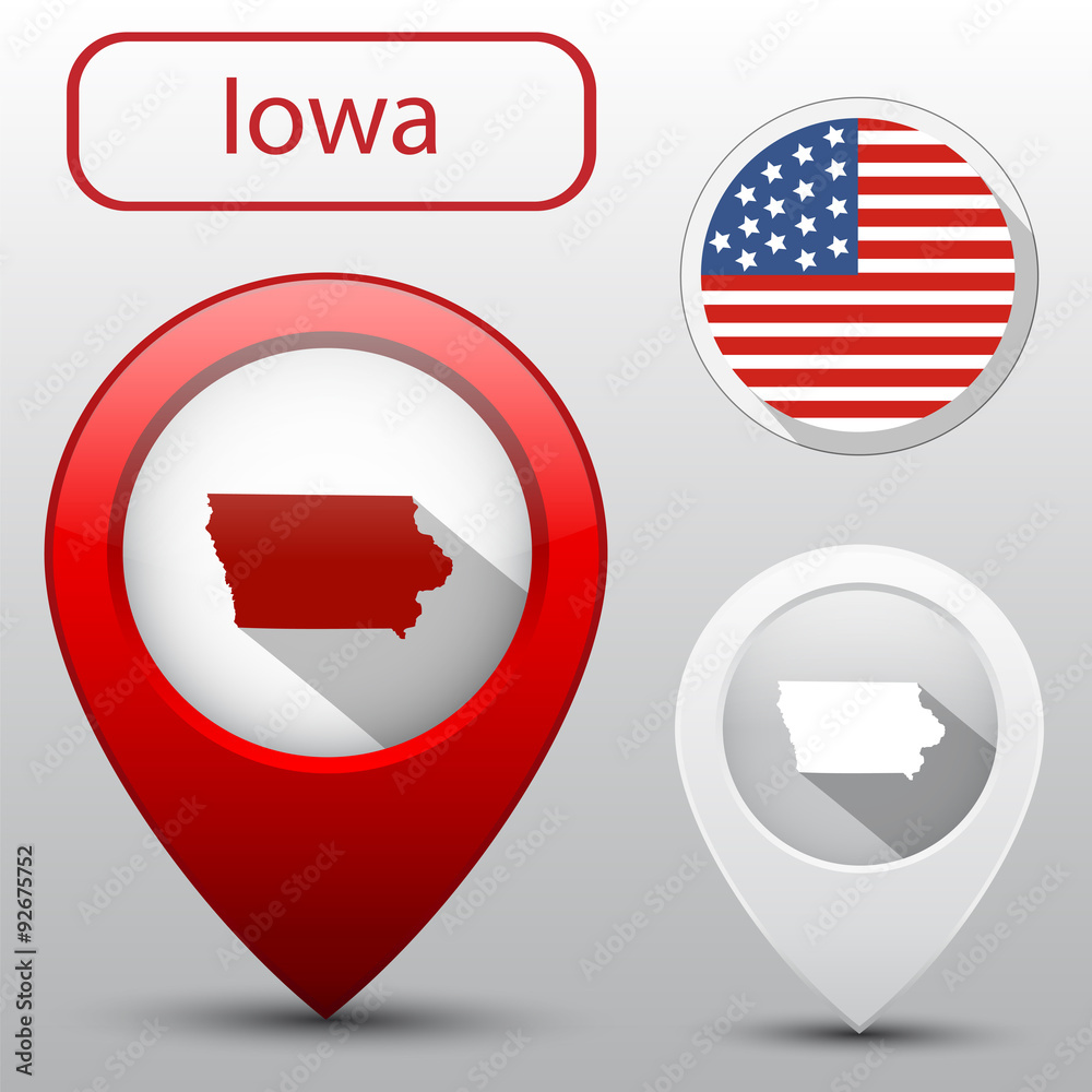 Set of Iowa state with flag america and map pointer Set of Iowa state with flag america and map pointer