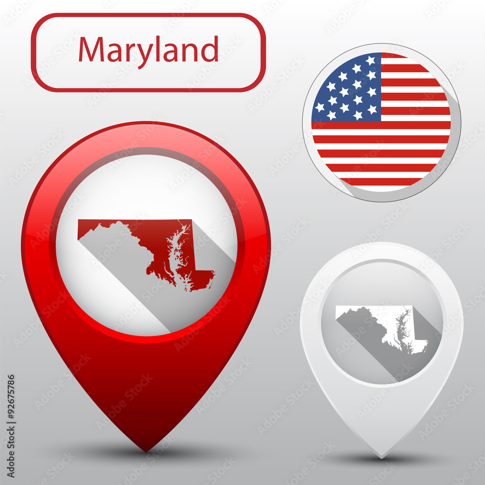 Obraz premium Set of Maryland state with flag america and map pointer
