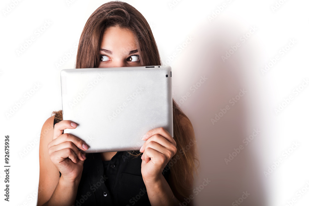 young caucasian female using tablet isolated on white young caucasian female using tablet isolated on white